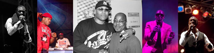 Fünfteilige Bildcollage von einem Konzertauftritt des Rappers LL Cool J